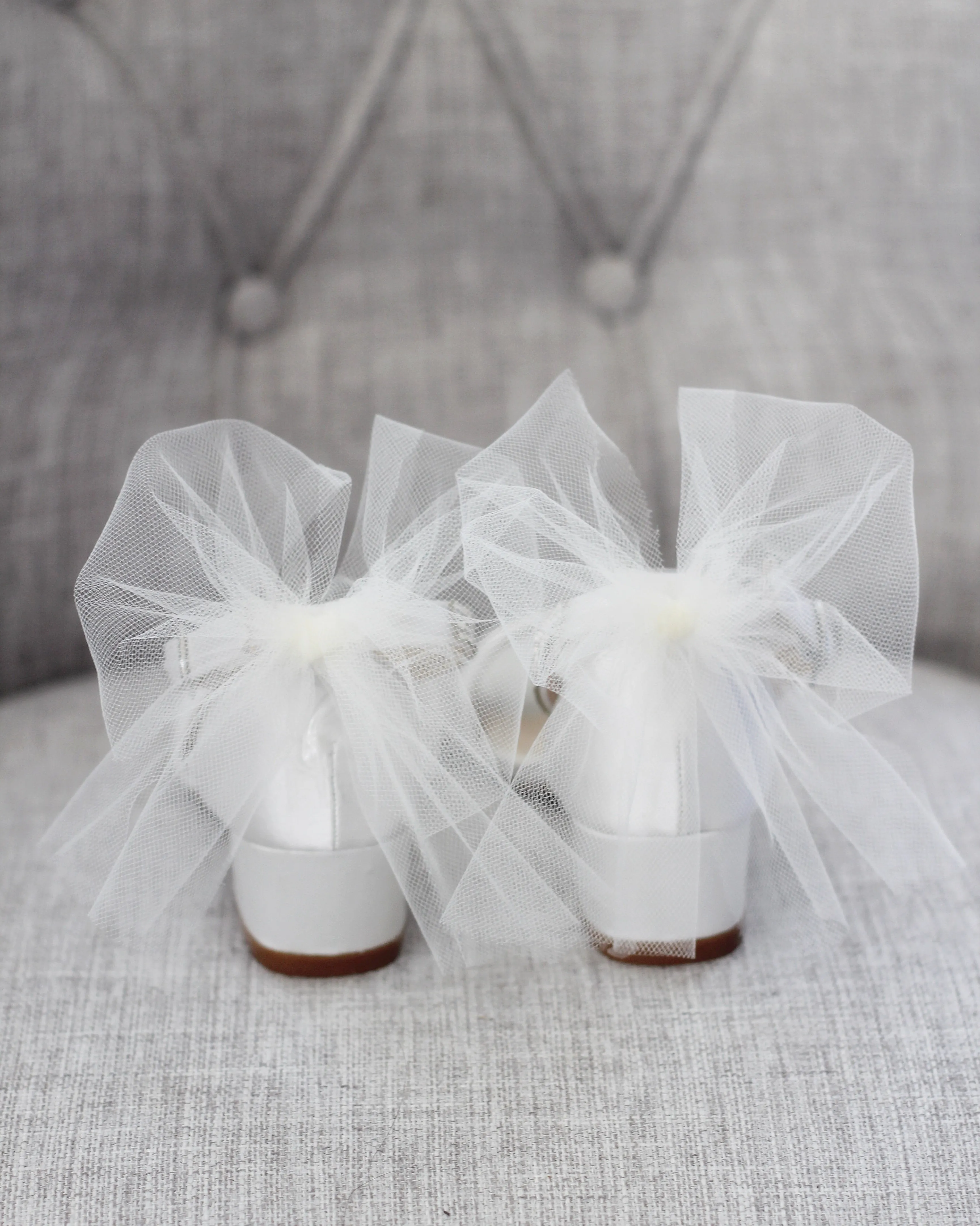 Satin Block Heel Sandals with Tulle Back Bow and Embellished Rhinestones Strap