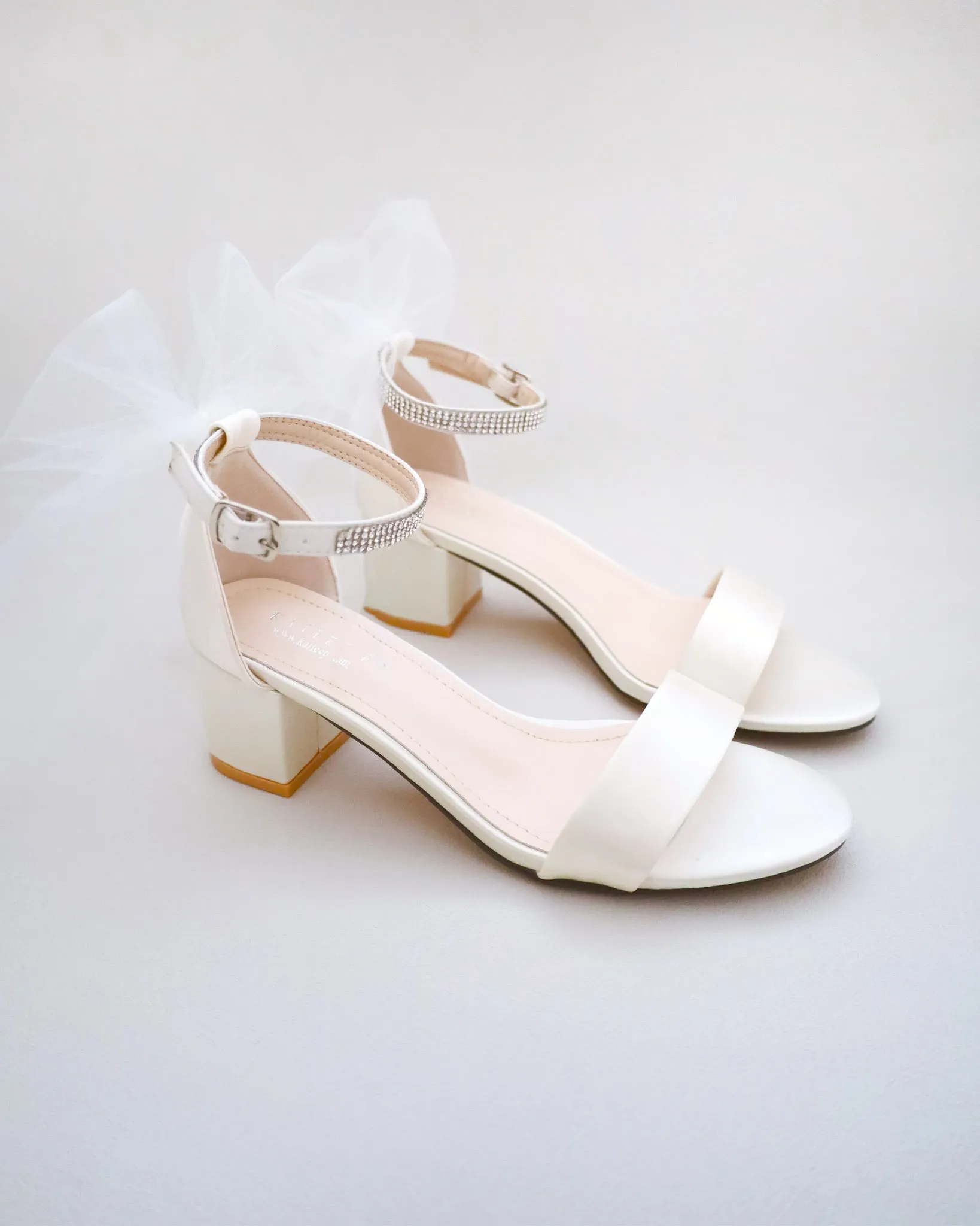 Satin Block Heel Sandals with Tulle Back Bow and Embellished Rhinestones Strap
