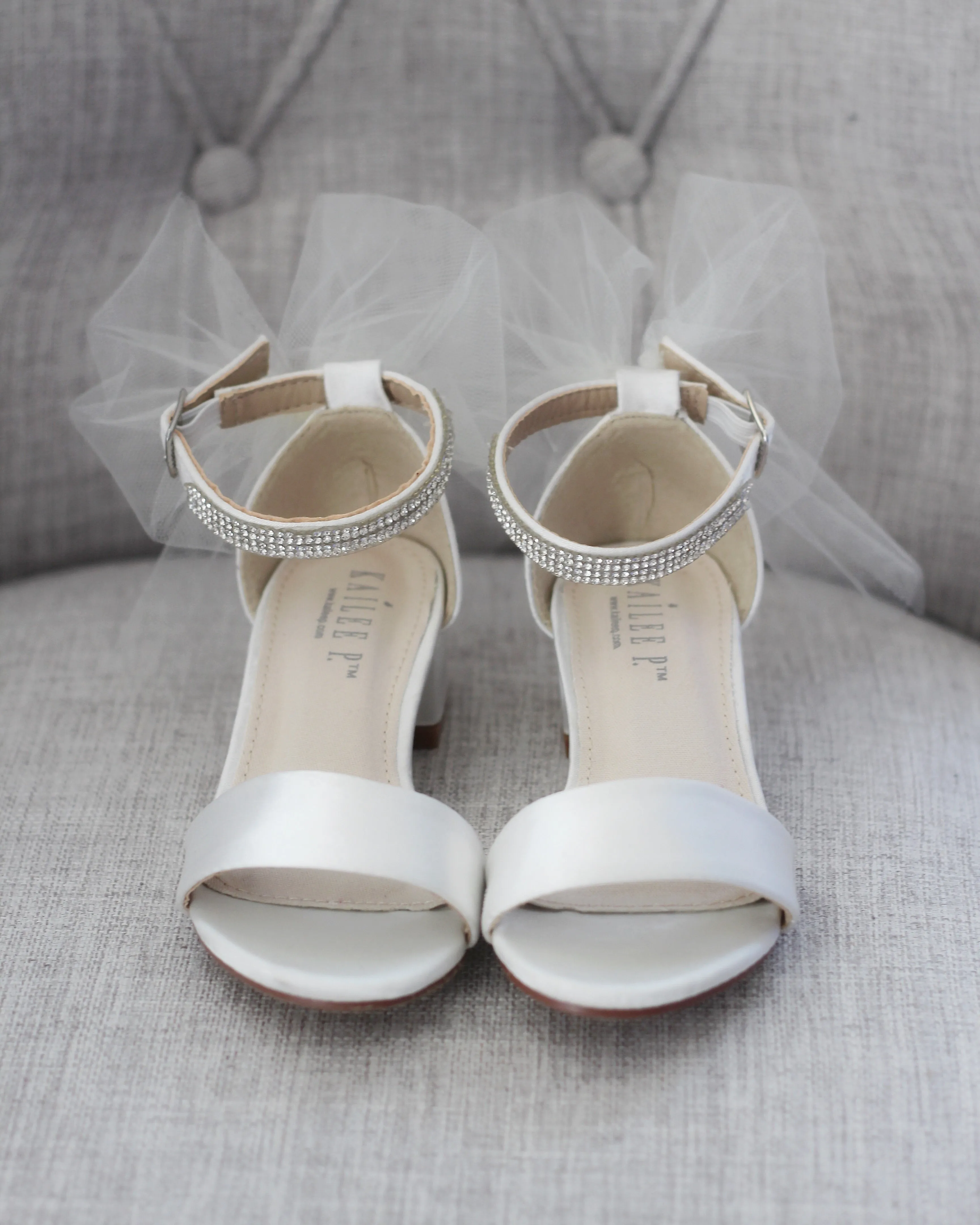 Satin Block Heel Sandals with Tulle Back Bow and Embellished Rhinestones Strap