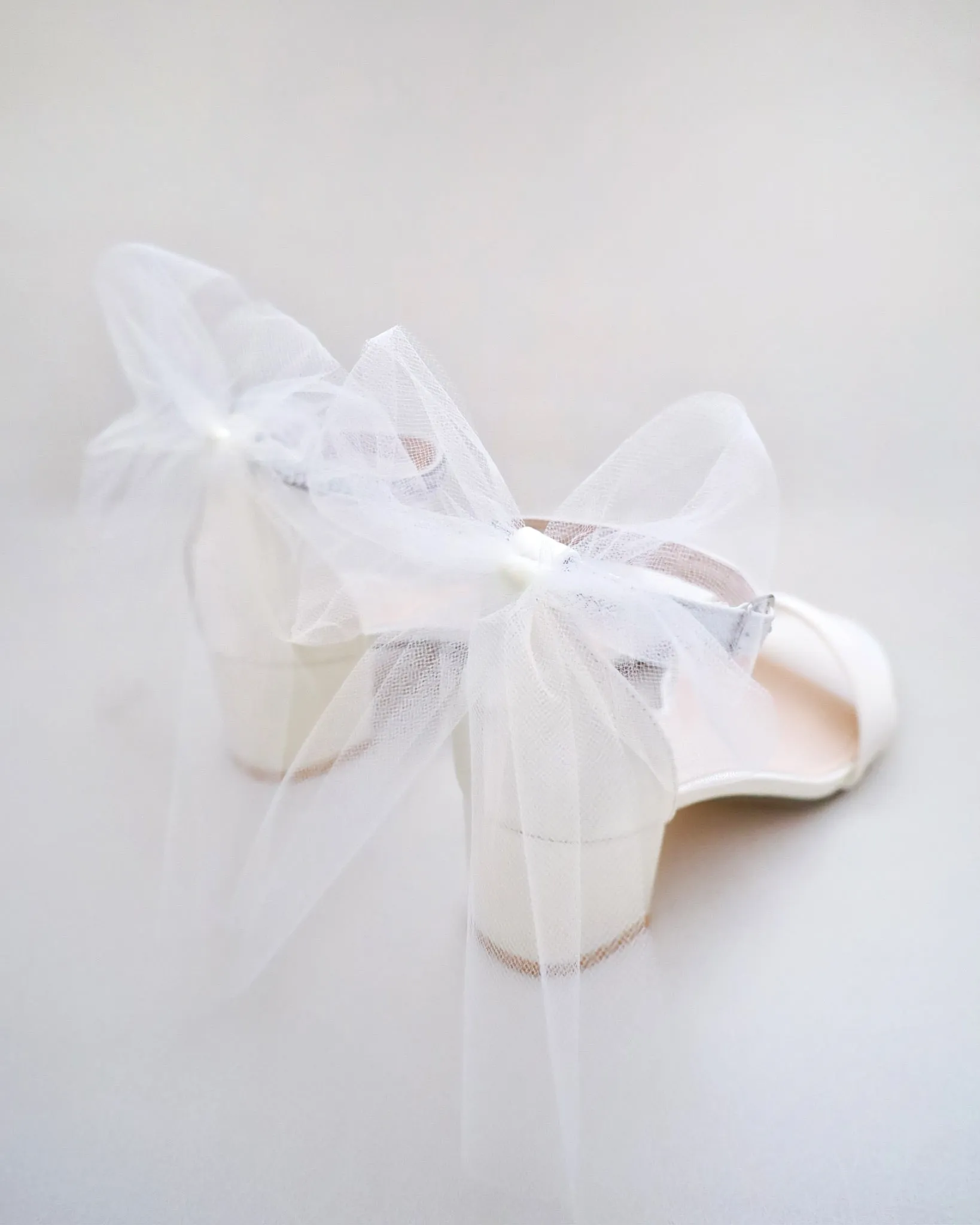 Satin Block Heel Sandals with Tulle Back Bow and Embellished Rhinestones Strap