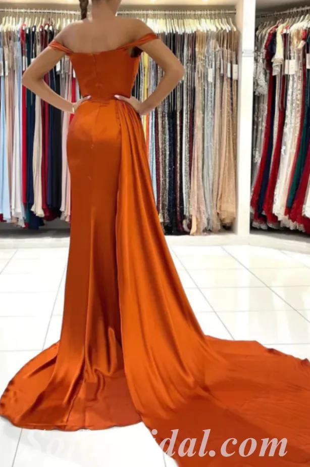 Sexy Burnt-Orange Satin Off Shoulder Side Slit Mermaid Long Prom Dresses With Trailing,SFPD0480