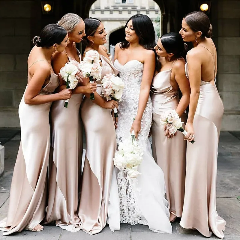 Sexy Champagne Spaghetti Straps Open Back Pleats Mermaid Long Bridesmaid Dresses, BD3278