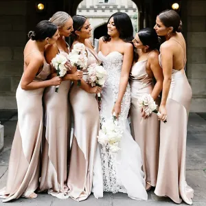 Sexy Champagne Spaghetti Straps Open Back Pleats Mermaid Long Bridesmaid Dresses, BD3278