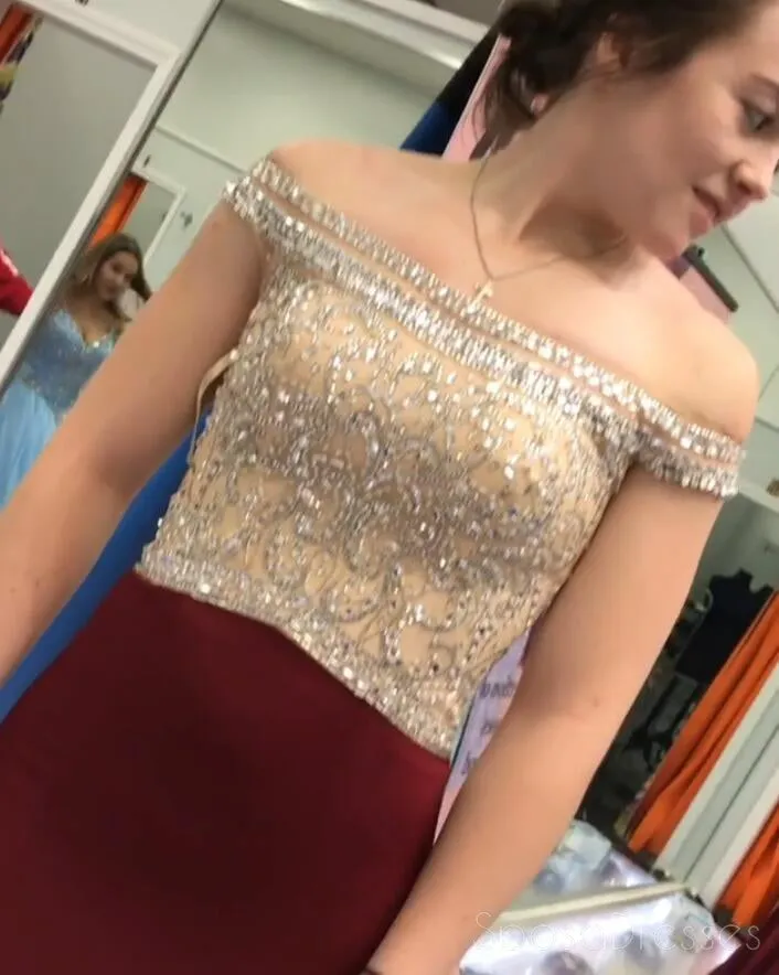 Sexy Gold Beaded Maroon Mermaid Long Cheap Evening Prom Dresses, 17487
