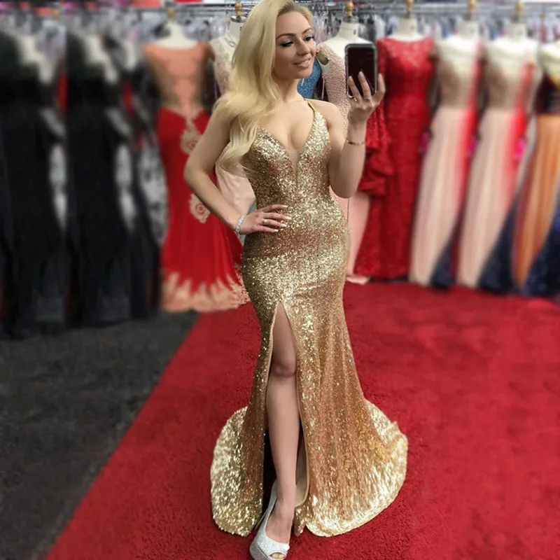Sexy Gold Halter V-neck Side-slit Open Back Mermaid Long Prom Dress, PD3401