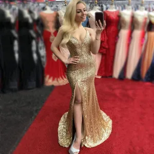 Sexy Gold Halter V-neck Side-slit Open Back Mermaid Long Prom Dress, PD3401