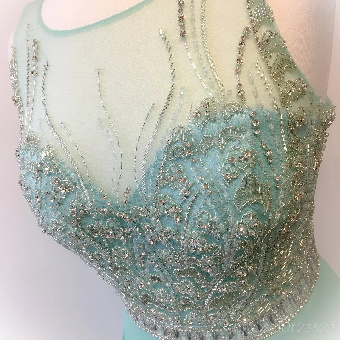 Sexy Open Back Mint Green Delicately Beaded Long Evening Prom Dresses, Popular Cheap Long Custom Party Prom Dresses, 17316