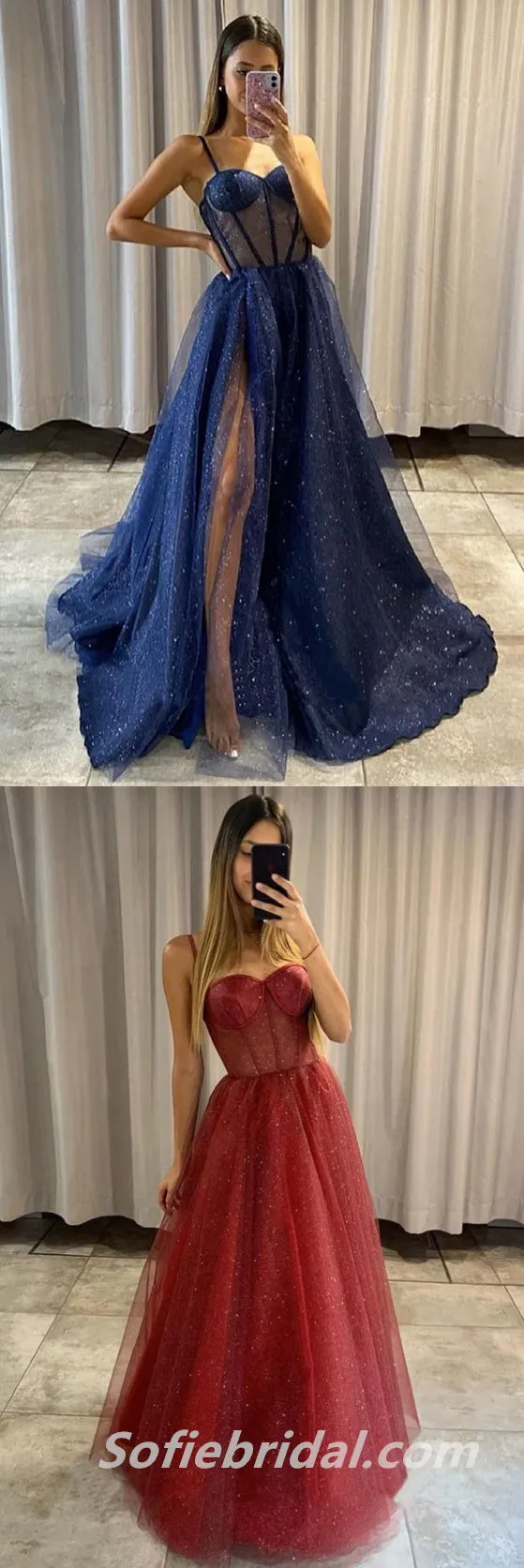 Sexy Sequin Tulle Spaghetti Straps Sleeveless Side Slit A-Line Long Prom Dresses,SFPD0297