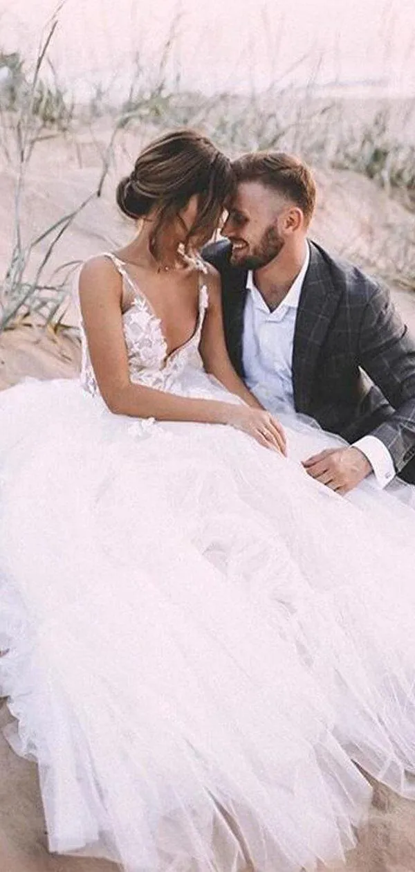 Sexy Spaghetti Strap V-neck Backless A-line Lace Beach Wedding Dresses, WD0610