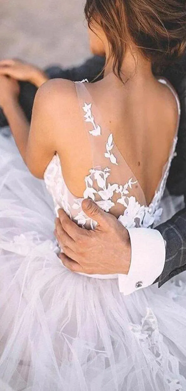 Sexy Spaghetti Strap V-neck Backless A-line Lace Beach Wedding Dresses, WD0610