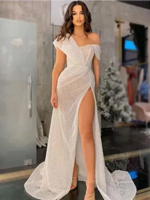 Sexy Sparkly White One-shoulder Side-slit Mermaid Long Prom Dress, PD3227