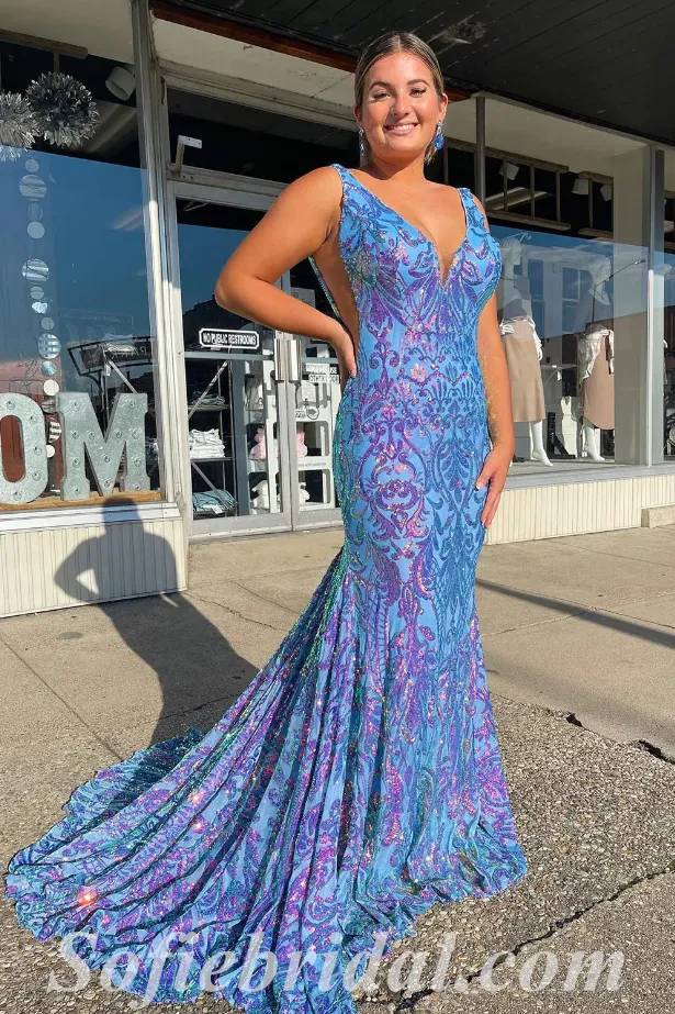 Sexy Special Fabric Spaghetti Straps V-Neck Sleeveless Open Back Mermaid Long Prom Dresses,SFPD0491