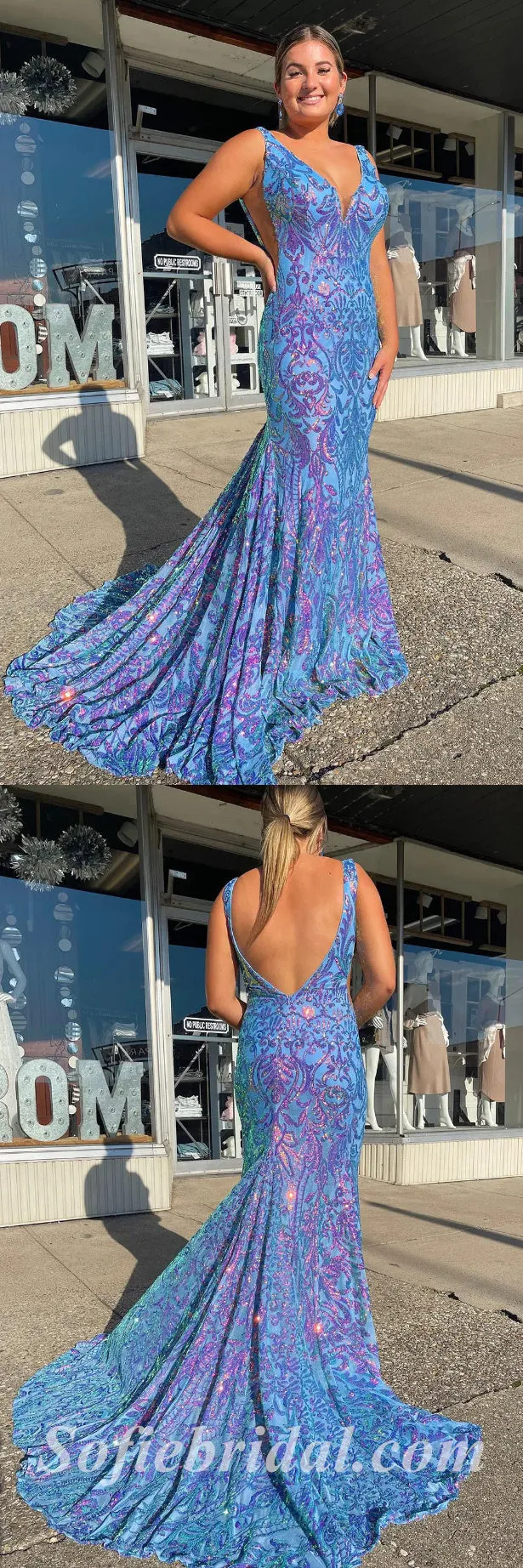 Sexy Special Fabric Spaghetti Straps V-Neck Sleeveless Open Back Mermaid Long Prom Dresses,SFPD0491
