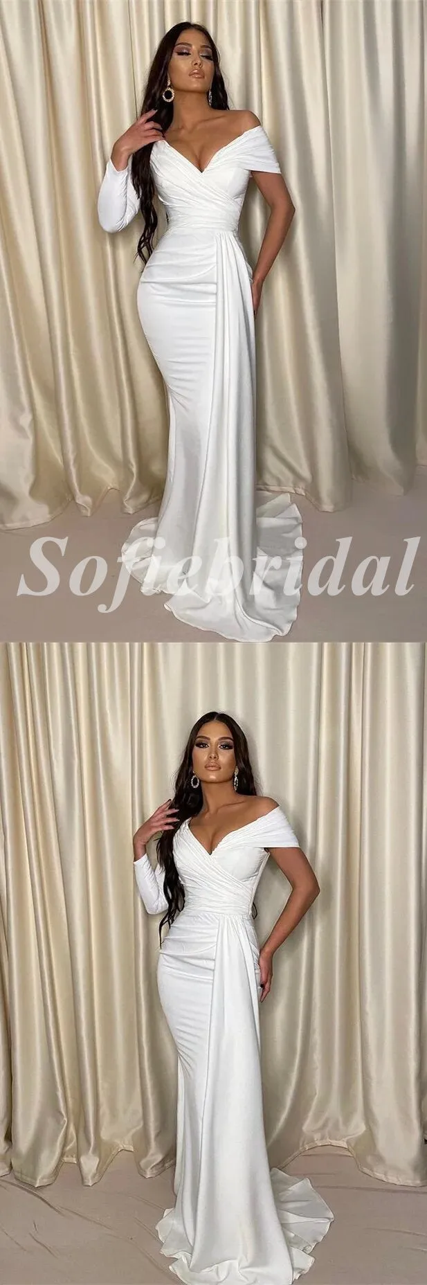 Sexy White Satin V-Neck Long Sleeve Mermaid Long Prom Dresses With Trailing,SFPD0622