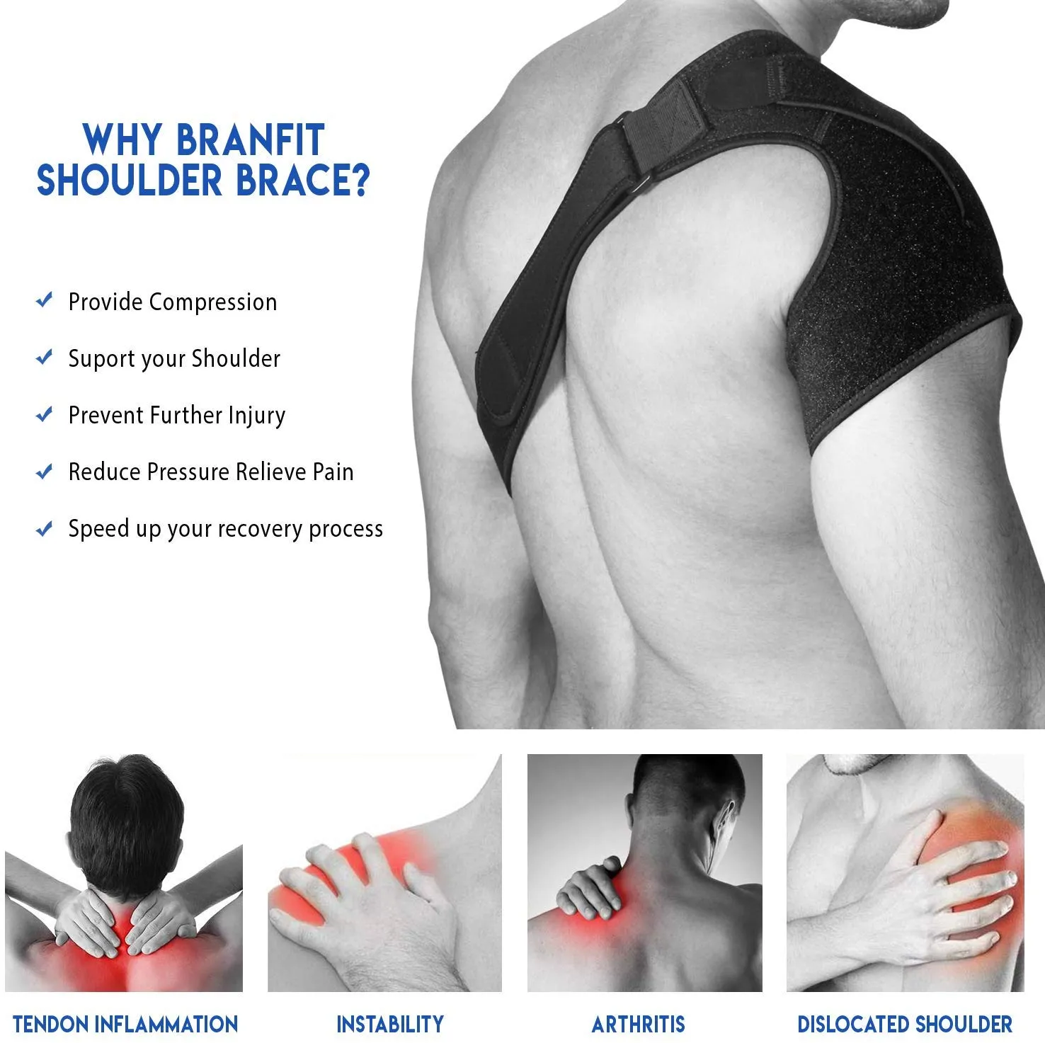Shoulder Support Brace & Rotator Cuff for Men & Women by BRANFIT, Neoprene Shoulder Compression Sleeve with Pressure Pad is Ideal for Dislocated AC Joint, Labrum Tear & Frozen Shoulder Pain Relief