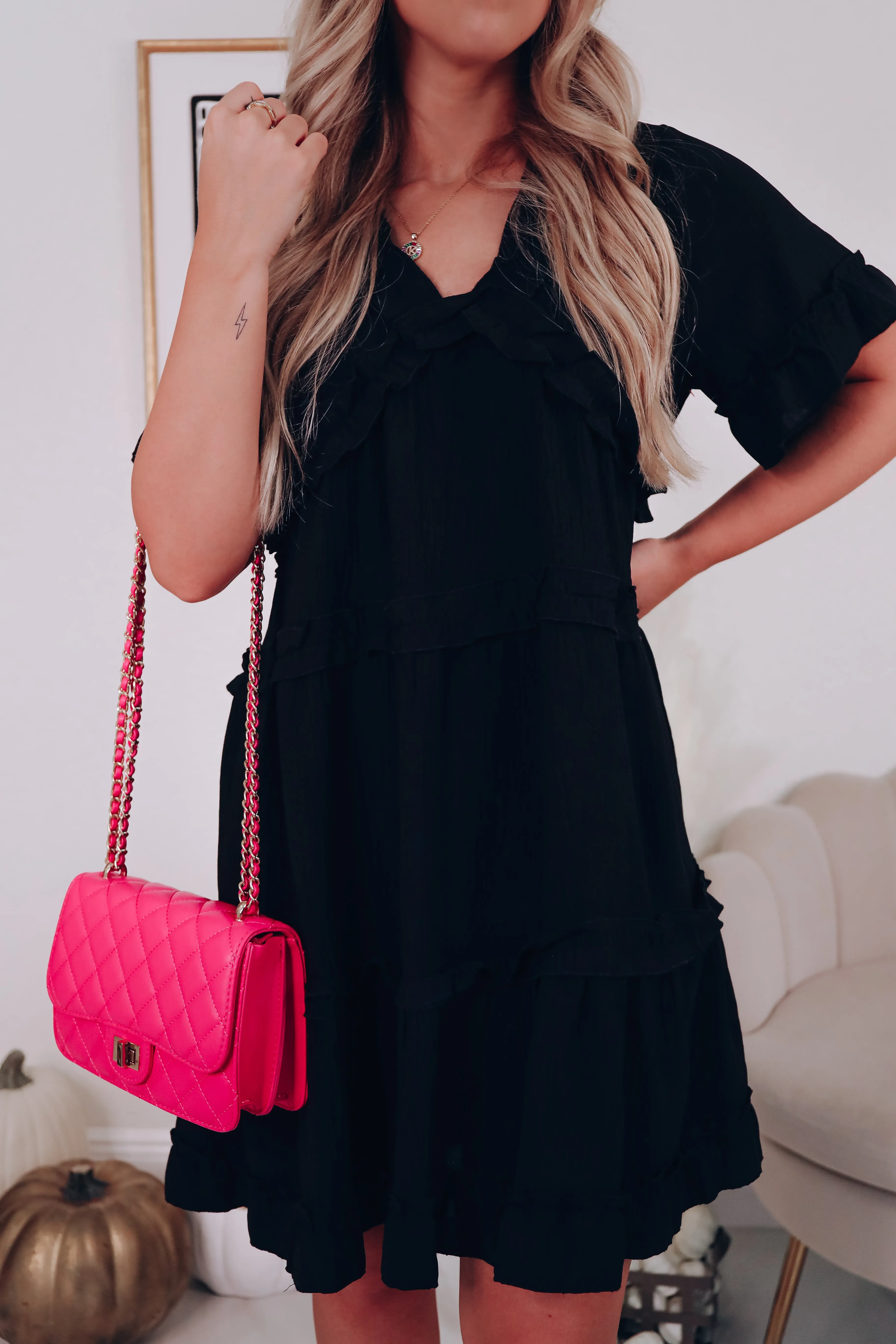 Siena Crinkle Ruffle Dress - Black
