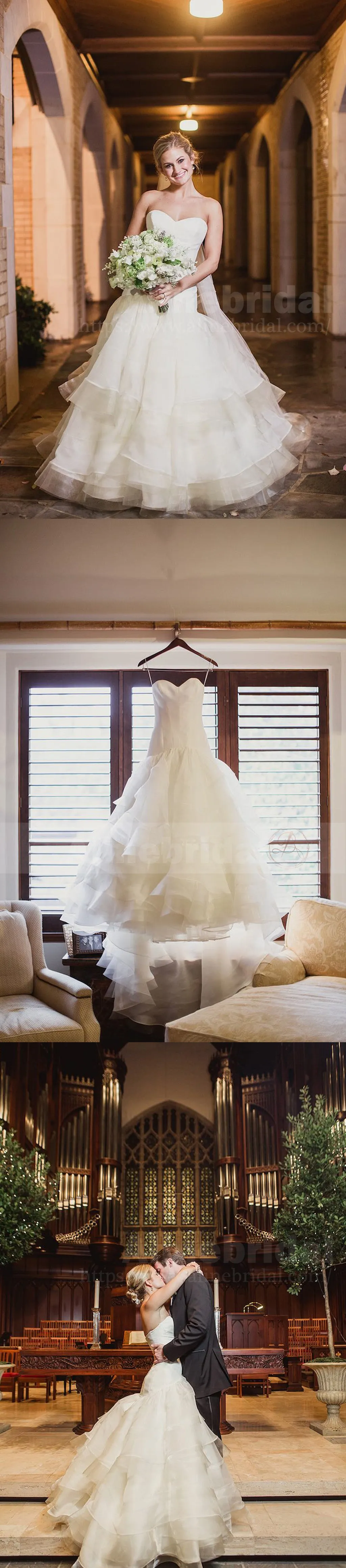 Simple Ivory Organza Sweetheart Strapless Tiered Wedding Dresses, AB1168