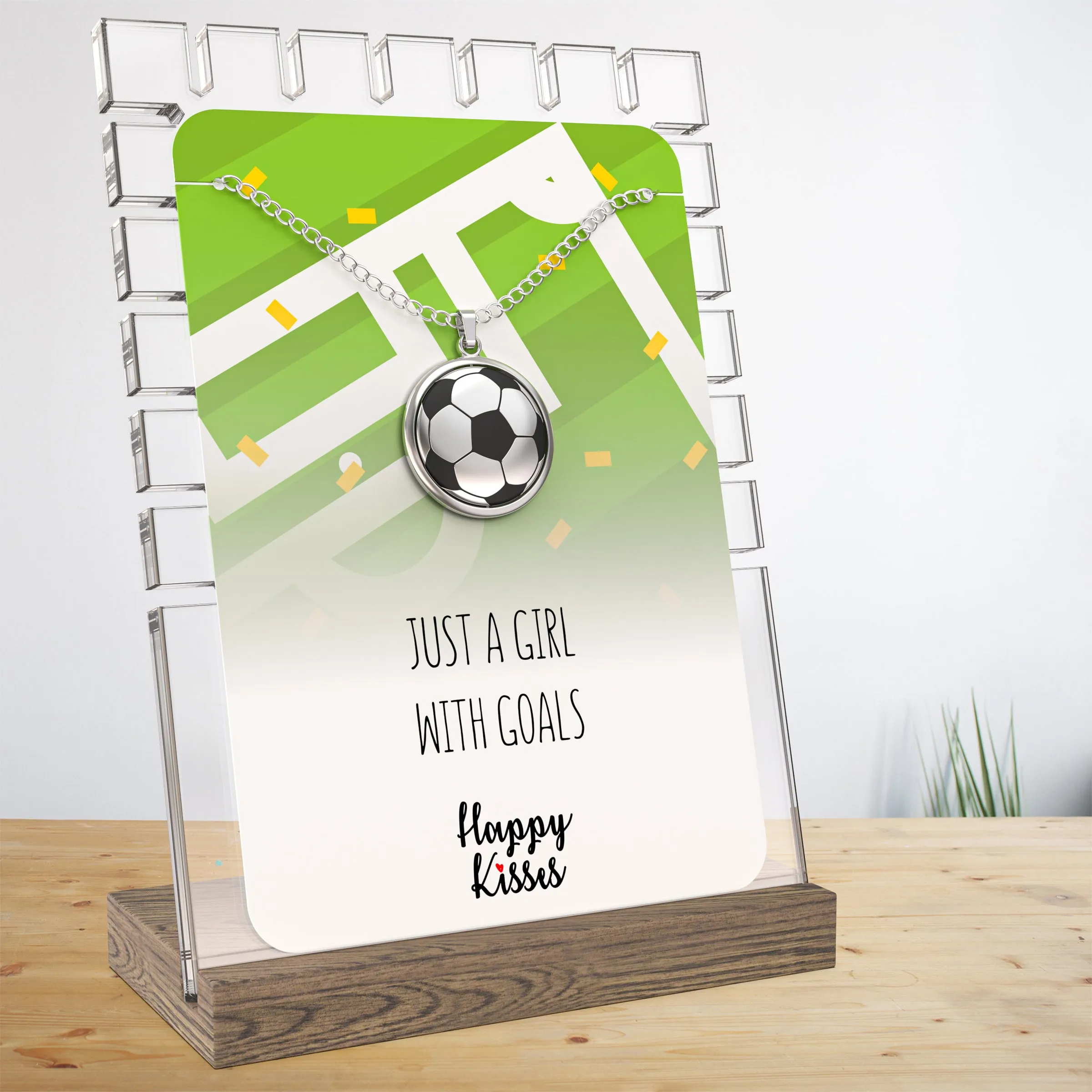 Soccer Ball Spinner Necklace for Soccer-Loving Girls | ⚽ “Just A Girl With Goals” Pendant | Gift for Soccer Moms and Players (ON CARD ONLY)