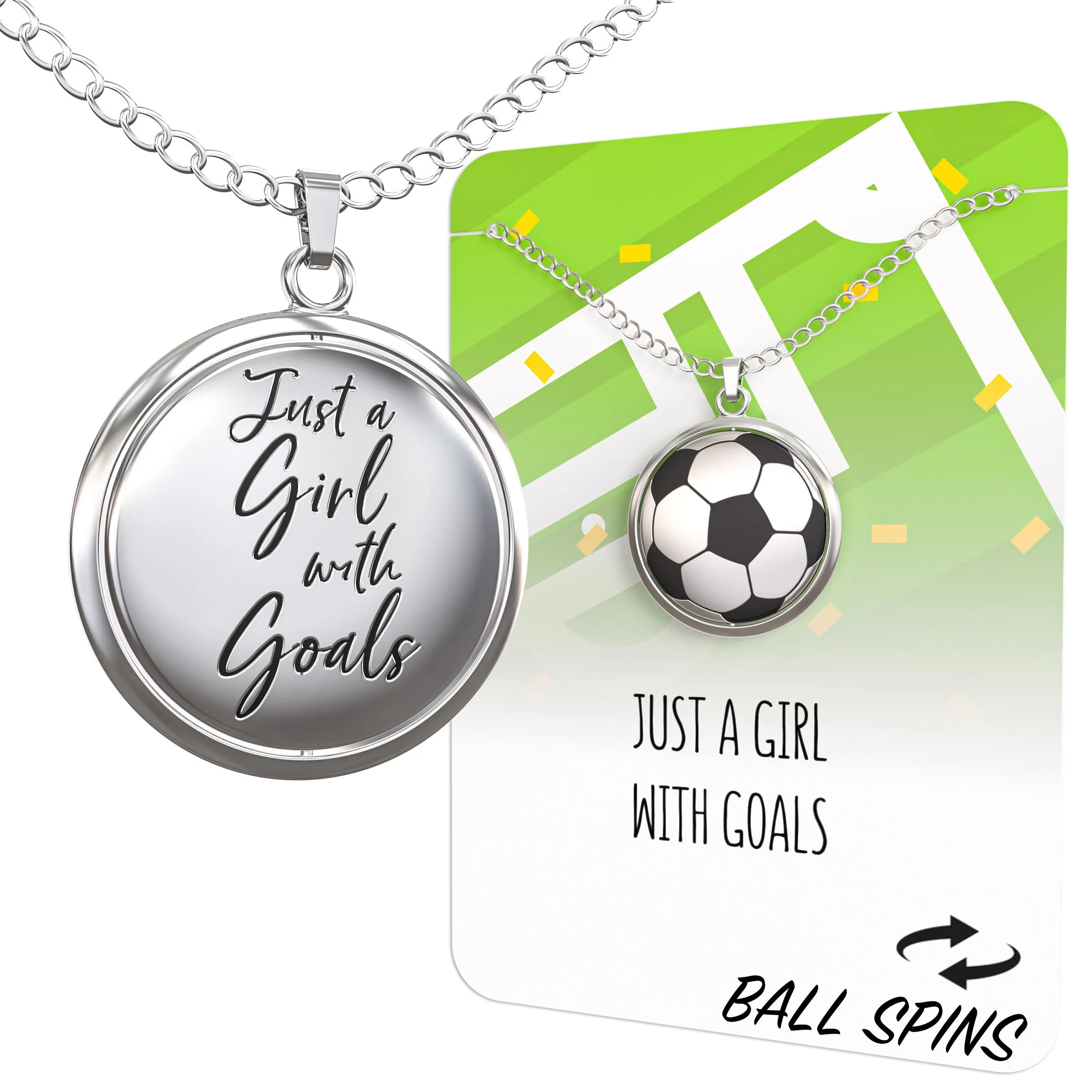 Soccer Ball Spinner Necklace for Soccer-Loving Girls | ⚽ “Just A Girl With Goals” Pendant | Gift for Soccer Moms and Players (ON CARD ONLY)
