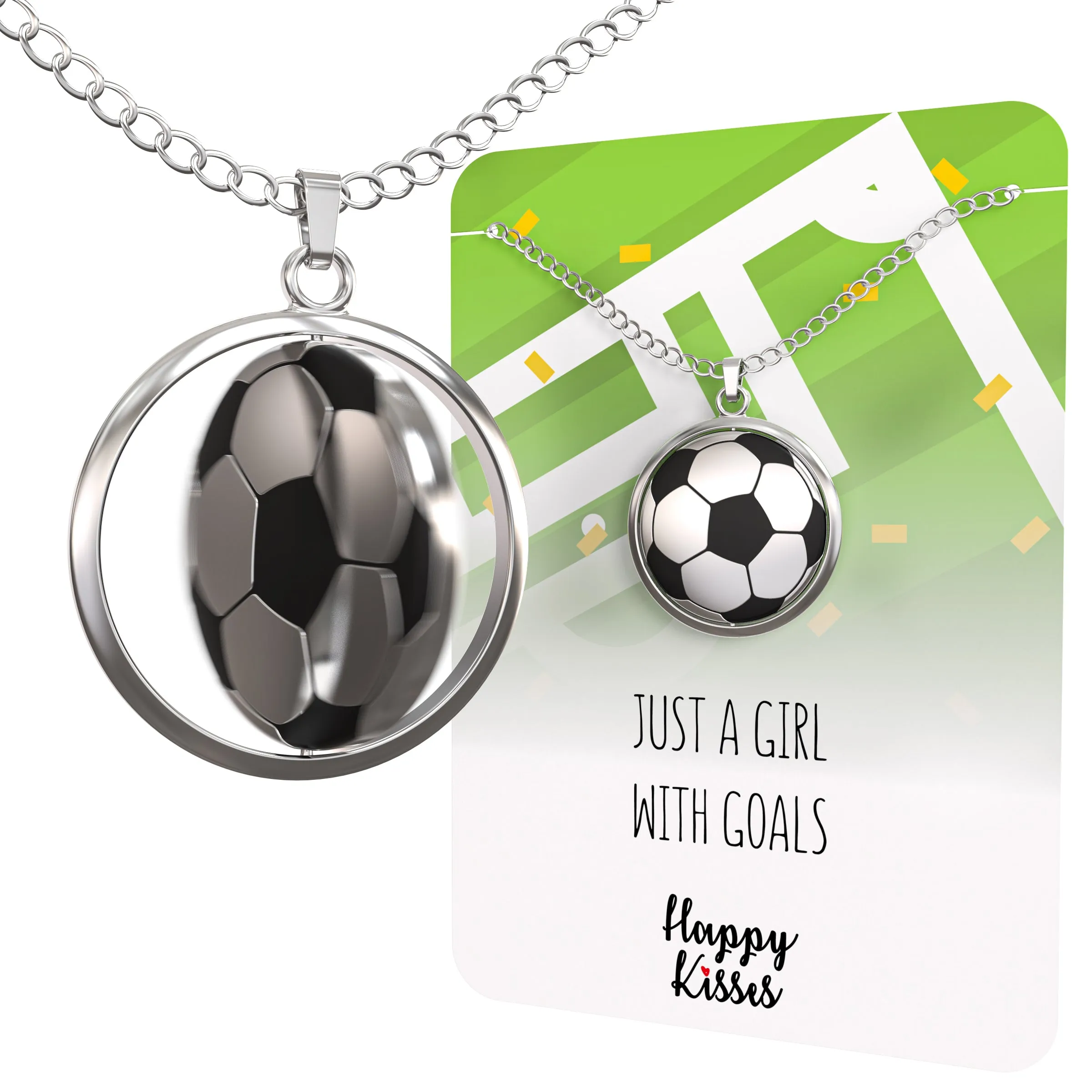 Soccer Ball Spinner Necklace for Soccer-Loving Girls | ⚽ “Just A Girl With Goals” Pendant | Gift for Soccer Moms and Players (ON CARD ONLY)