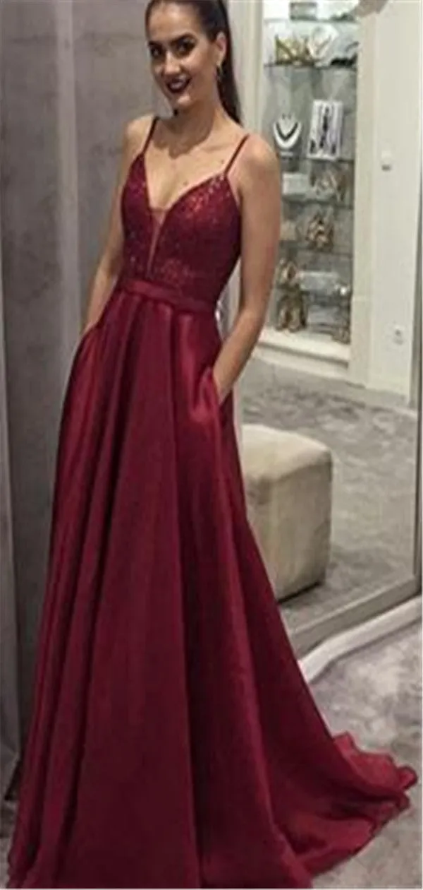 Spaghetti Straps V-neck Dark Red Lace Top Prom Dress, PD0726