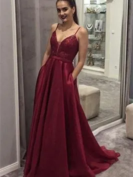 Spaghetti Straps V-neck Dark Red Lace Top Prom Dress, PD0726