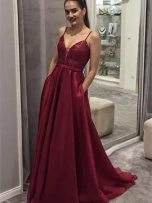 Spaghetti Straps V-neck Dark Red Lace Top Prom Dress, PD0726