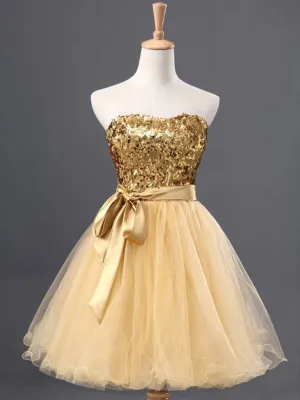 Sparkly Gold Sweetheart Strapless A-line Short Homecoming Dress, BD0403