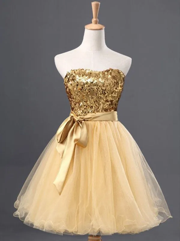 Sparkly Gold Sweetheart Strapless A-line Short Homecoming Dress, BD0403