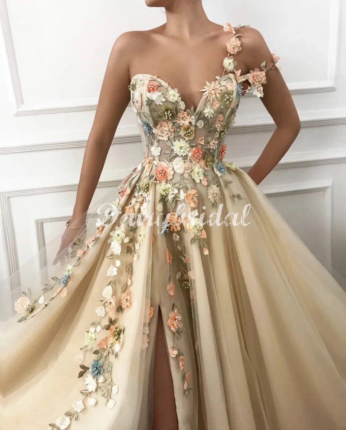 Stunning One Shoulder A-line Applique Slit Long Tulle Prom Dresses, FC4501