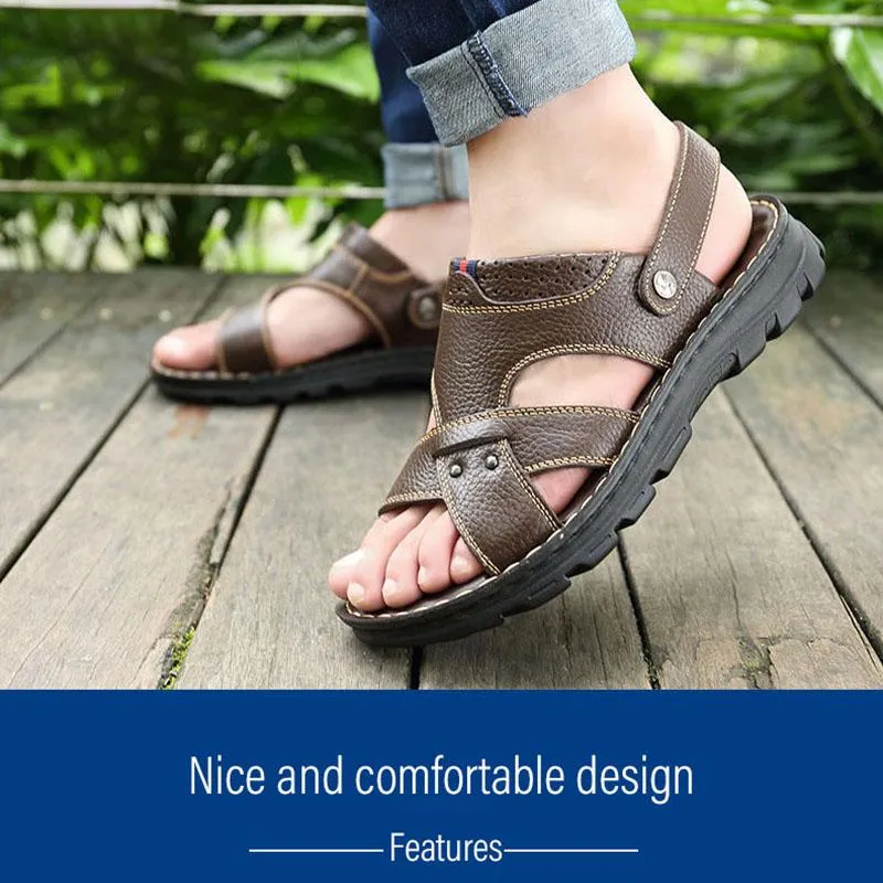 Summer Men's First Layer Soft Cowhide Sandals, Leather Beach Shoes, Casual Men's Shoes, Thick-soled Massage Slippers