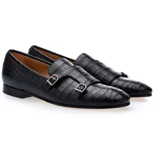 SUPERGLAMOUROUS Odilon Mississippi Men's Shoes Black Exotic Alligator Monk-Straps Loafers (SPGM1107)