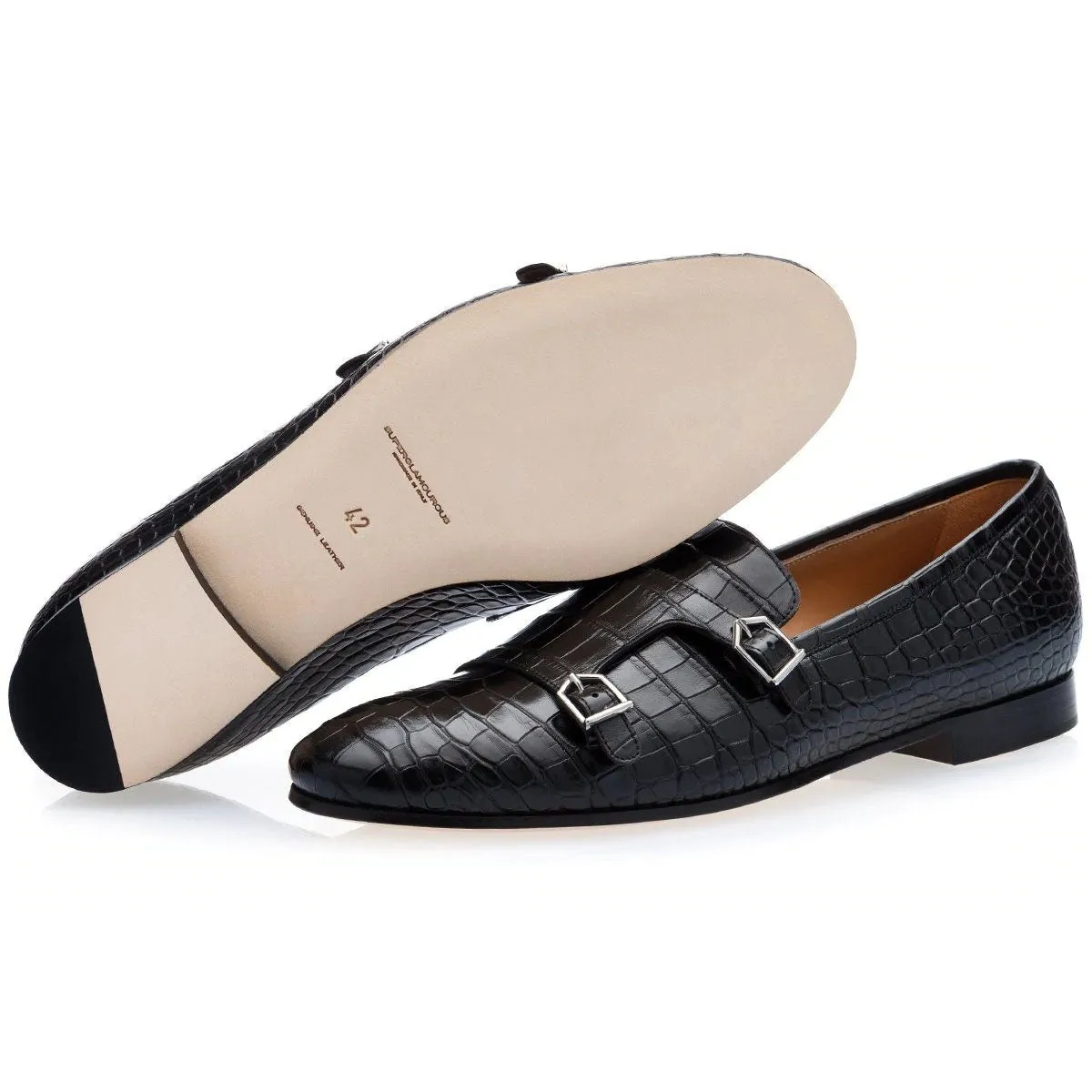 SUPERGLAMOUROUS Odilon Mississippi Men's Shoes Black Exotic Alligator Monk-Straps Loafers (SPGM1107)