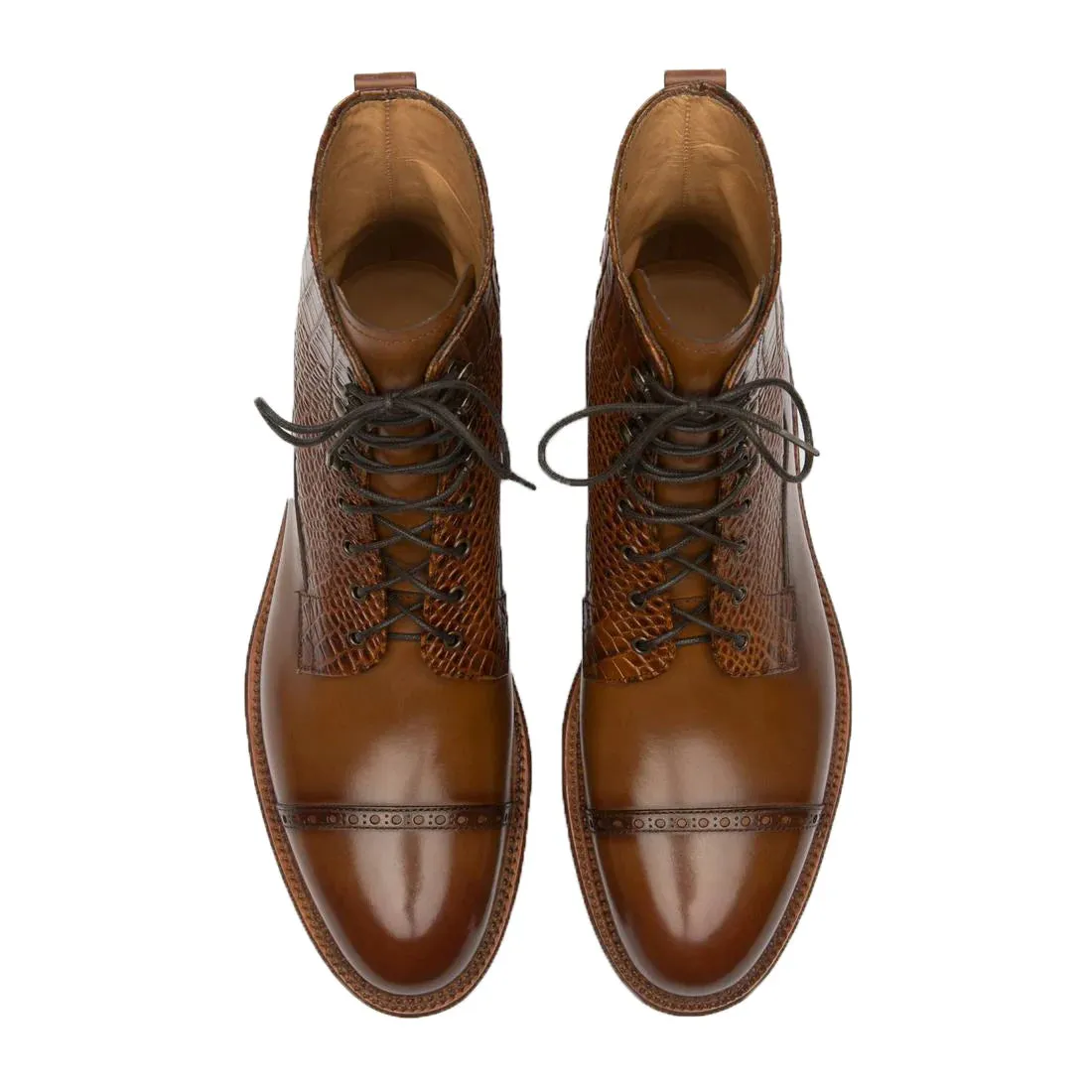 Tan Alligator Textured Leather Furzton Lace Up Boots - Boots