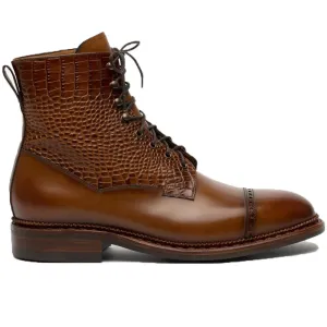 Tan Alligator Textured Leather Furzton Lace Up Boots - Boots