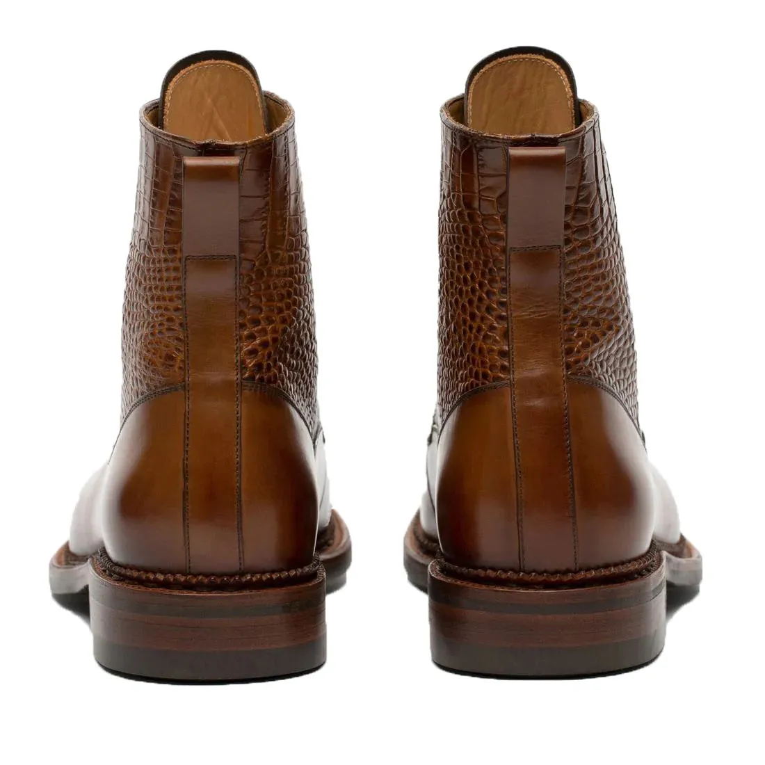 Tan Alligator Textured Leather Furzton Lace Up Boots - Boots