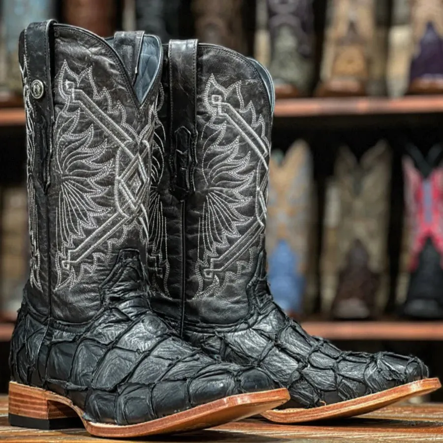 TANNER MARK MEN'S EXOTIC LEATHER Matte Monster Fish Black Cowboy Boots