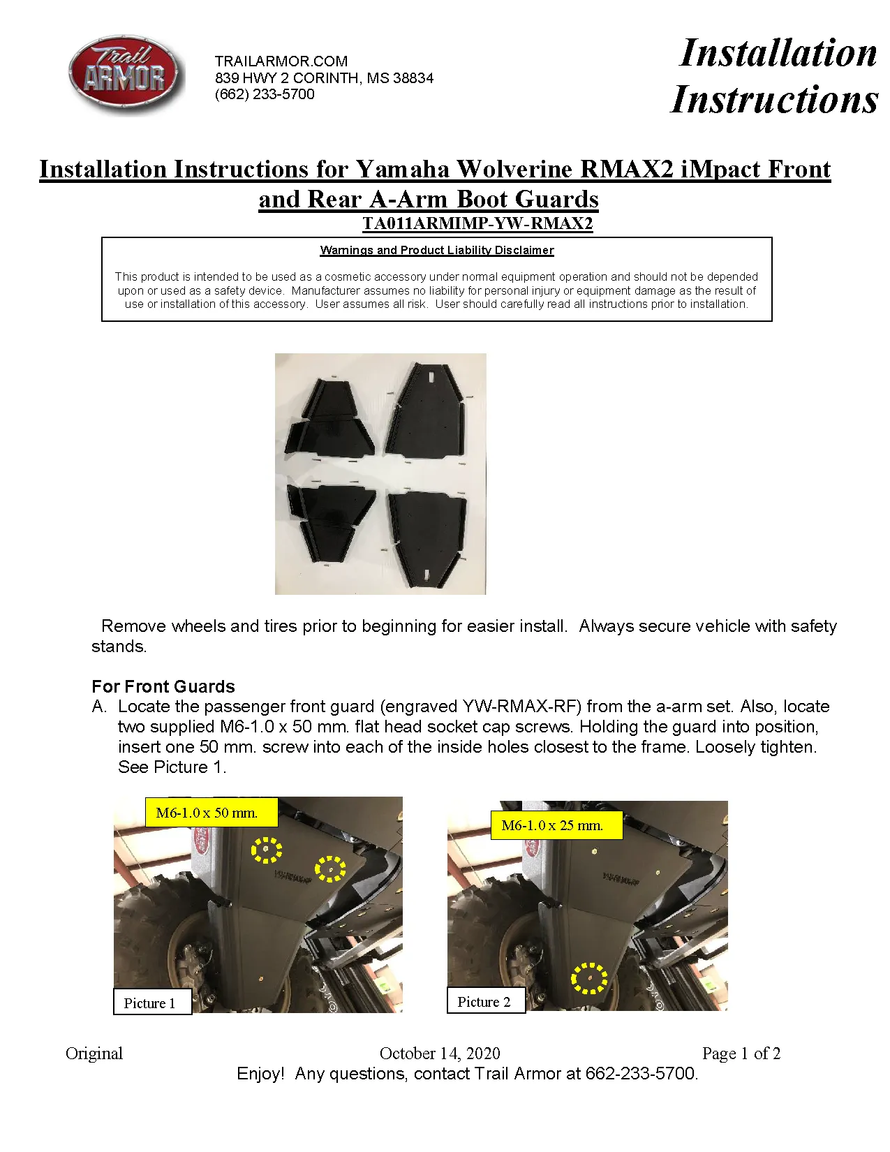 Trail Armor 2021 - 2024 Yamaha Wolverine RMAX2, RMAX2 1000 X-TR, RMAX2 1000 LT Edition, RMAX2 1000 Sport, 2025 RMAX4 1000 XT-R, RMAX4 1000 Limited Edition iMpact A-Arm Guards