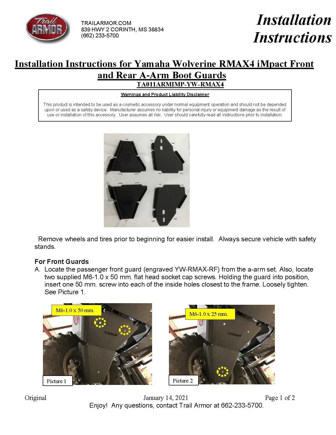 Trail Armor Yamaha Wolverine RMAX4 Compact, RMAX4 1000 Compact X-TR, RMAX4 Compact 1000 LT Edition iMpact A-Arm Guards 2021 - 2024