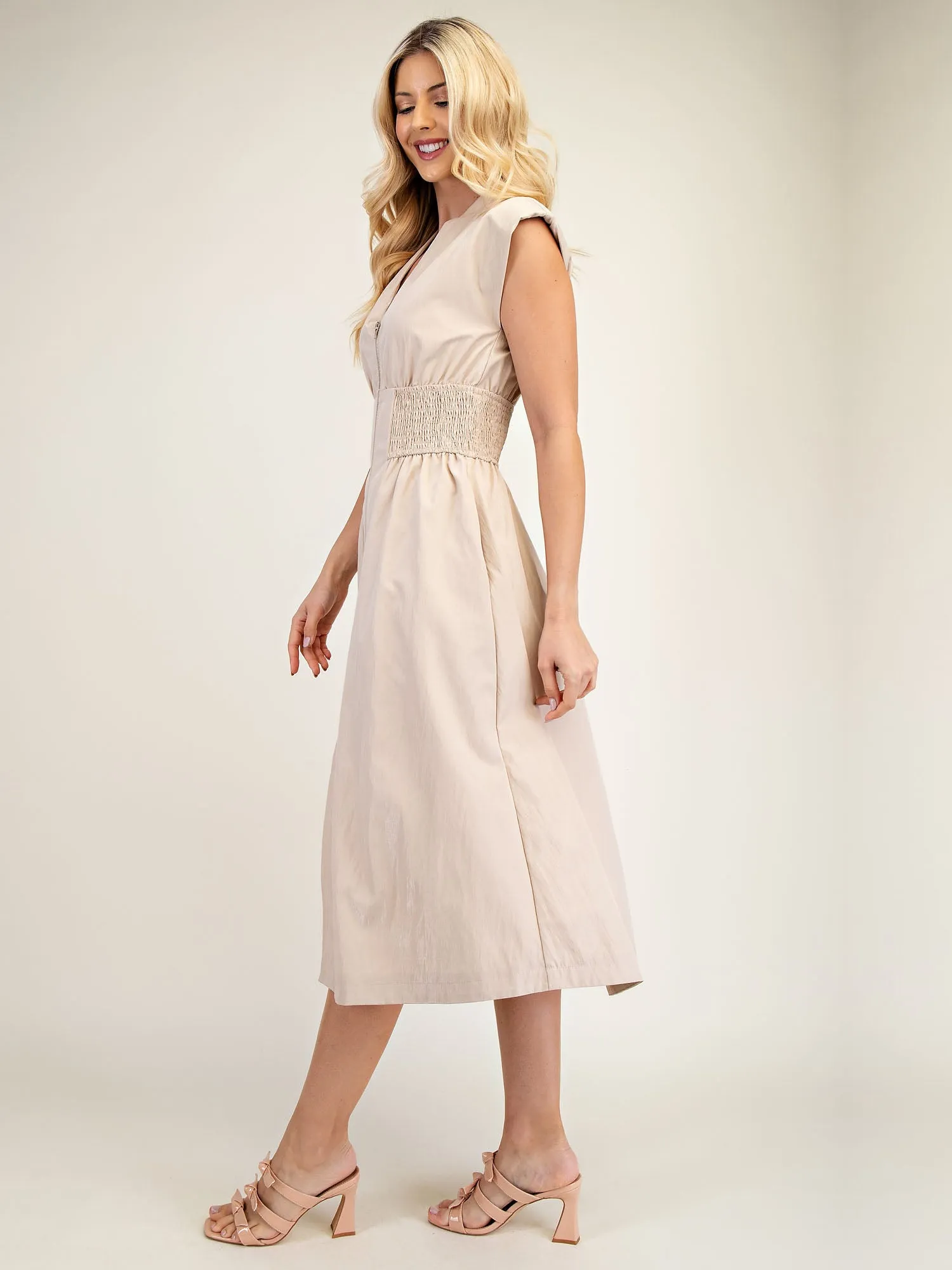 V Neck Smocked Fit & Flare Midi Dress