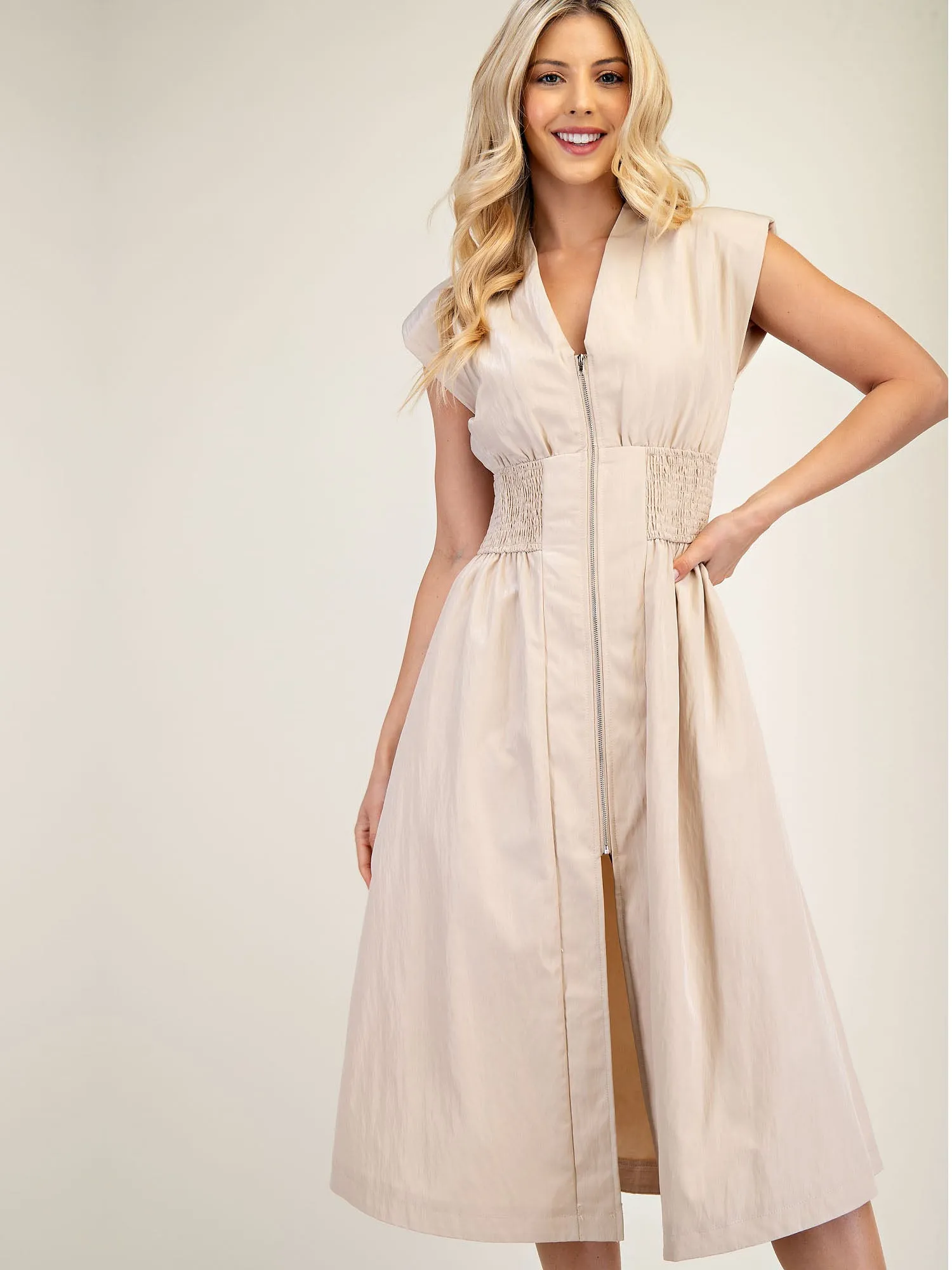 V Neck Smocked Fit & Flare Midi Dress