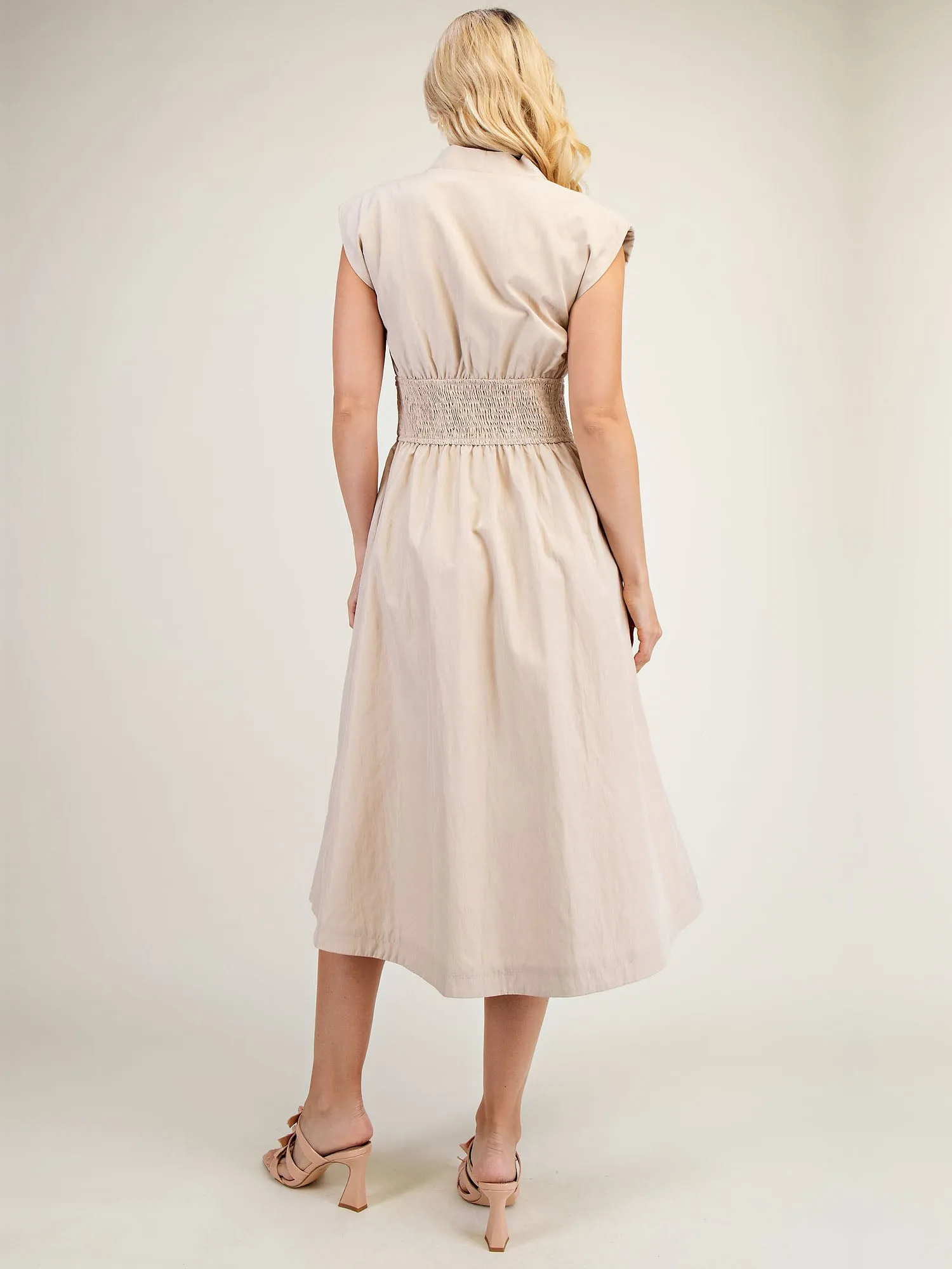 V Neck Smocked Fit & Flare Midi Dress