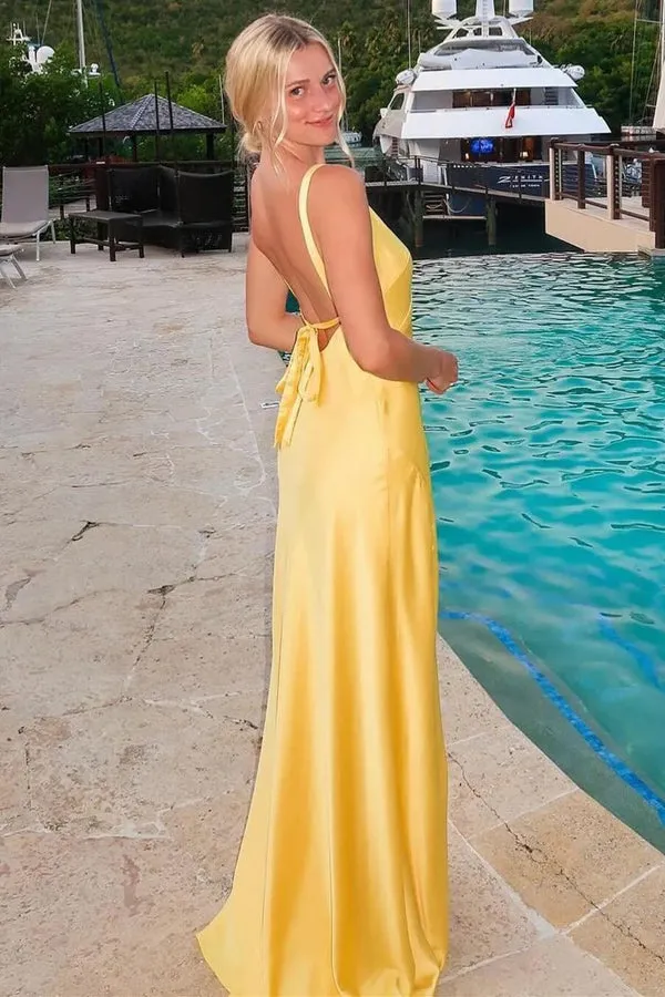 V-Neck Tie-Back Yellow Bridesmaid Dress with Slit TY0035