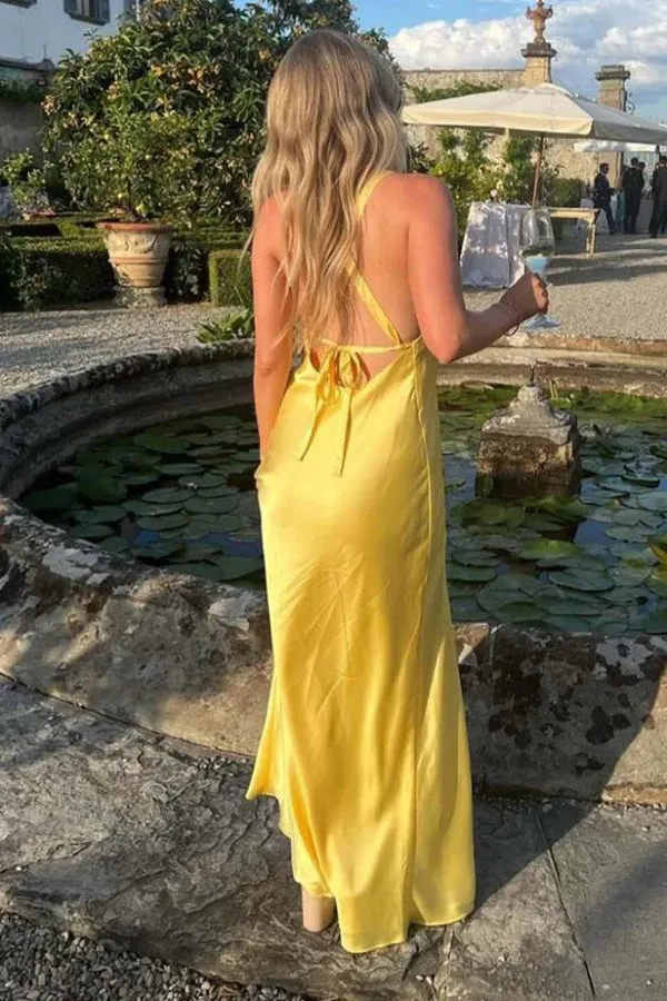 V-Neck Tie-Back Yellow Bridesmaid Dress with Slit TY0035