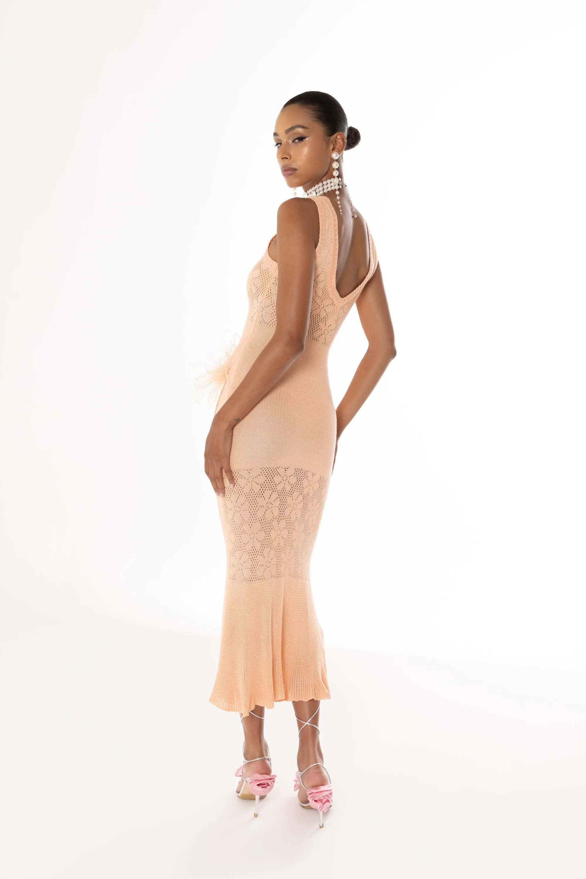 Vanilla Apricot Knit Dress With Feathers