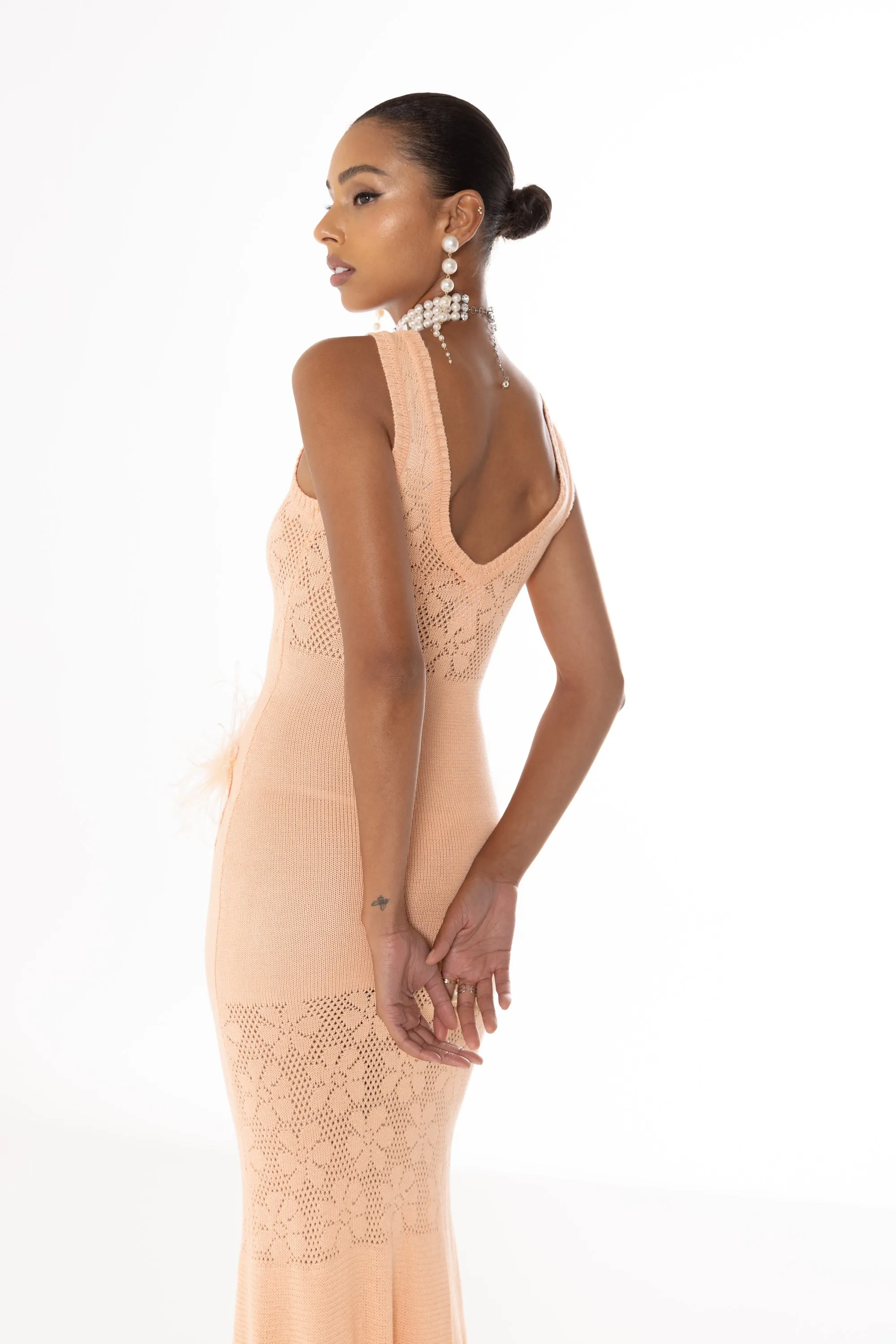 Vanilla Apricot Knit Dress With Feathers