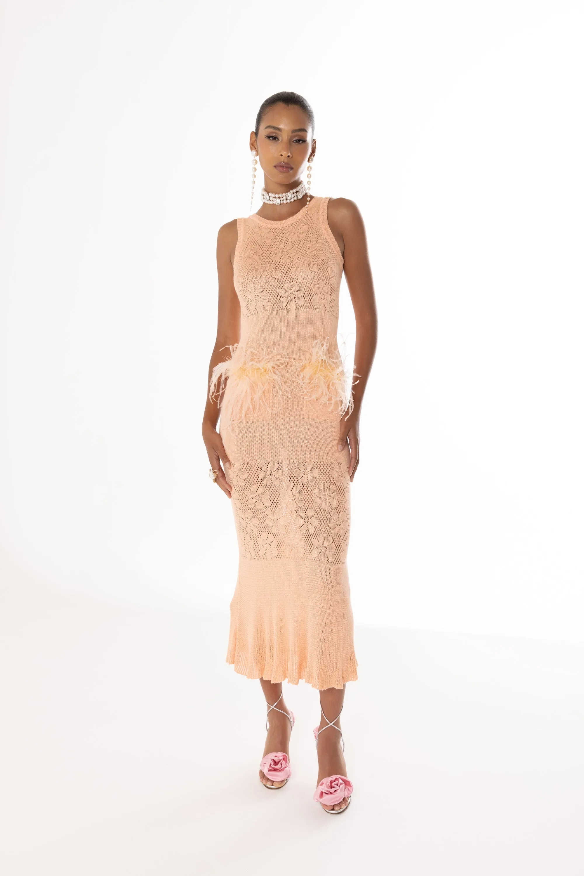 Vanilla Apricot Knit Dress With Feathers