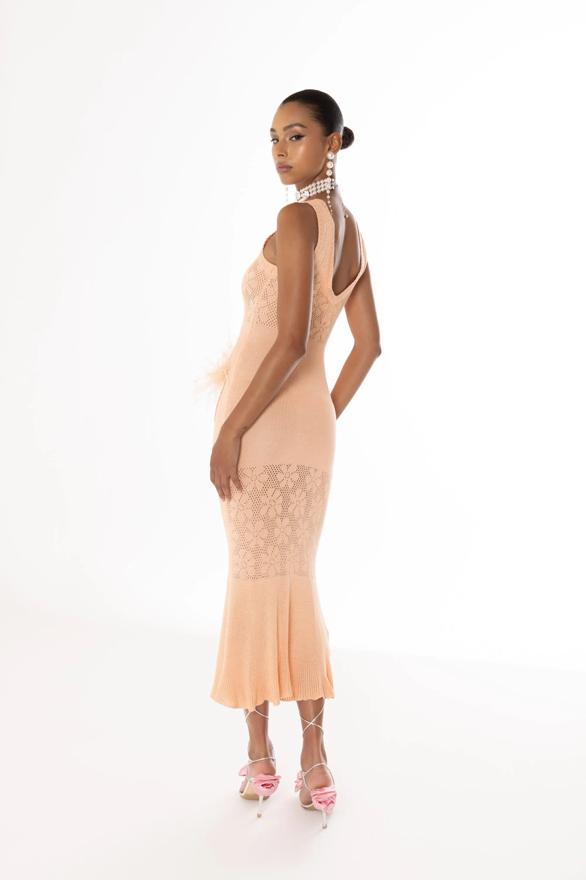 Vanilla Apricot Knit Dress With Feathers