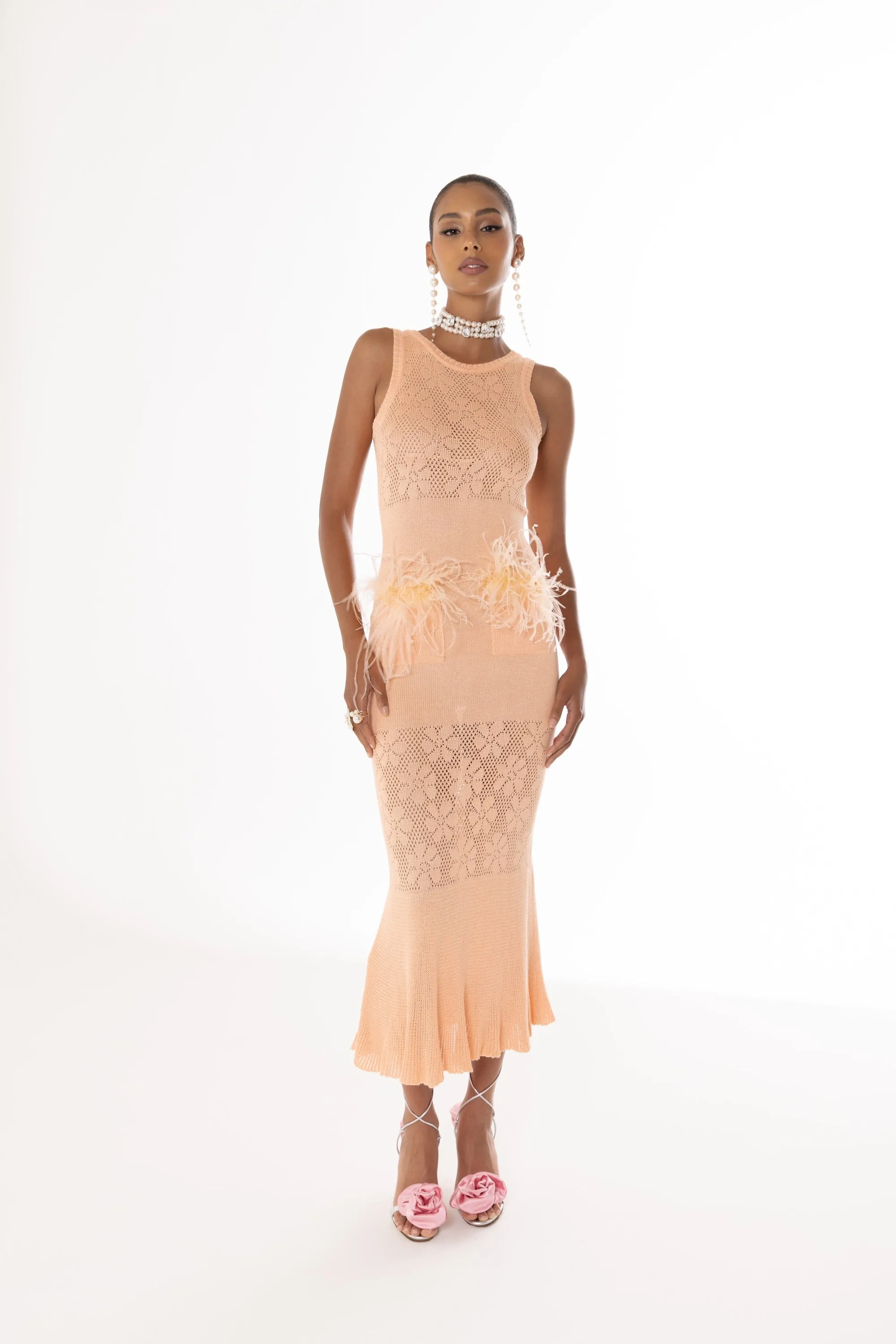 Vanilla Apricot Knit Dress With Feathers