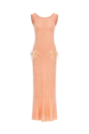 Vanilla Apricot Knit Dress With Feathers